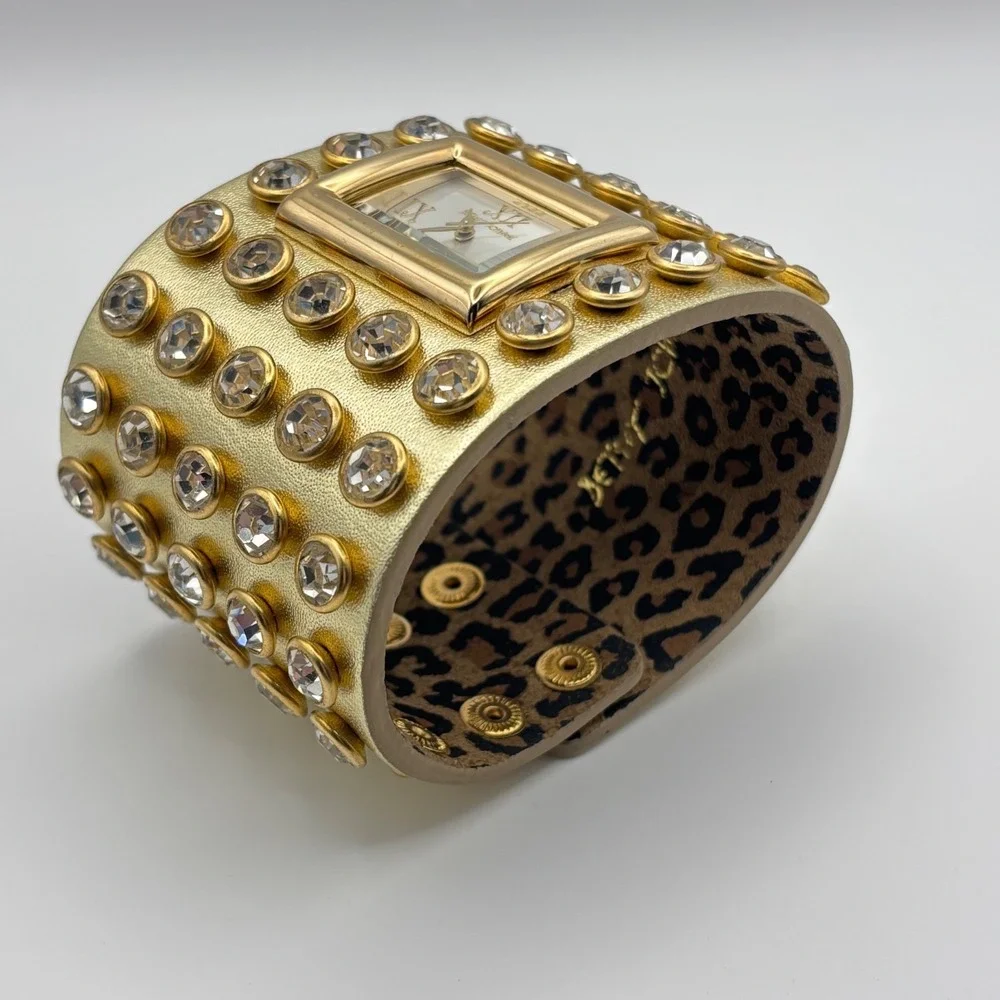 Betsey Johnson Leather Crystal Watch Wide Cuff Gold Tone - Needs Battery - Picture 7 of 15